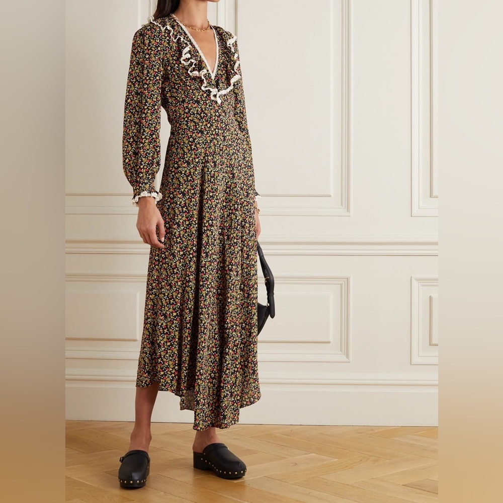DÔEN Eugenie lace-trimmed floral-print crepe dress size small
